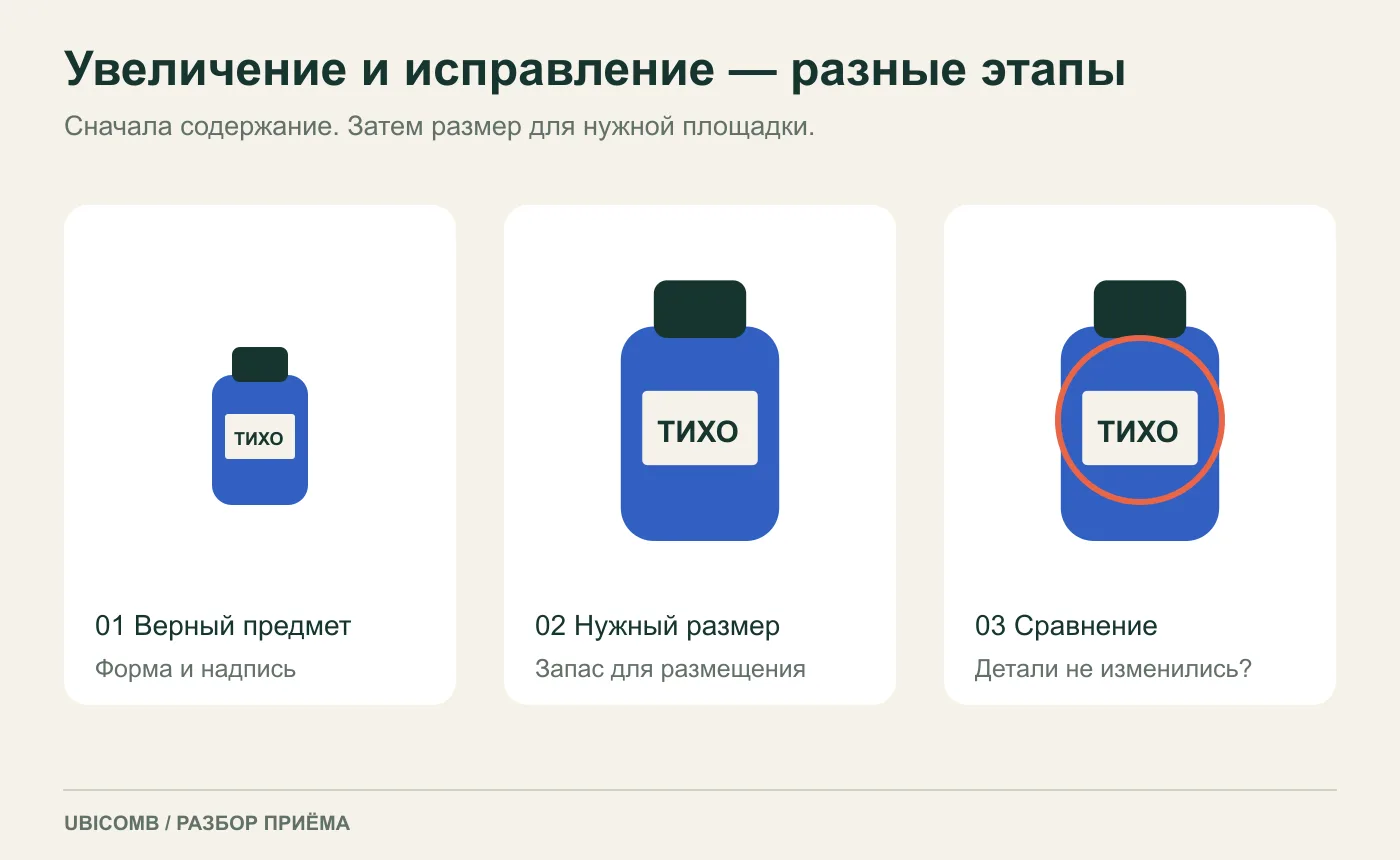 Сначала исправляем содержание, затем увеличиваем изображение и сверяем детали.