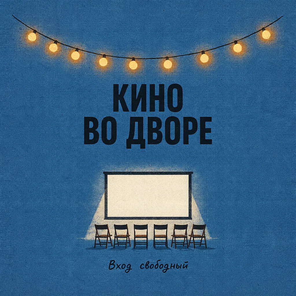Синяя афиша с надписью «КИНО ВО ДВОРЕ», экраном, гирляндой и стульями.