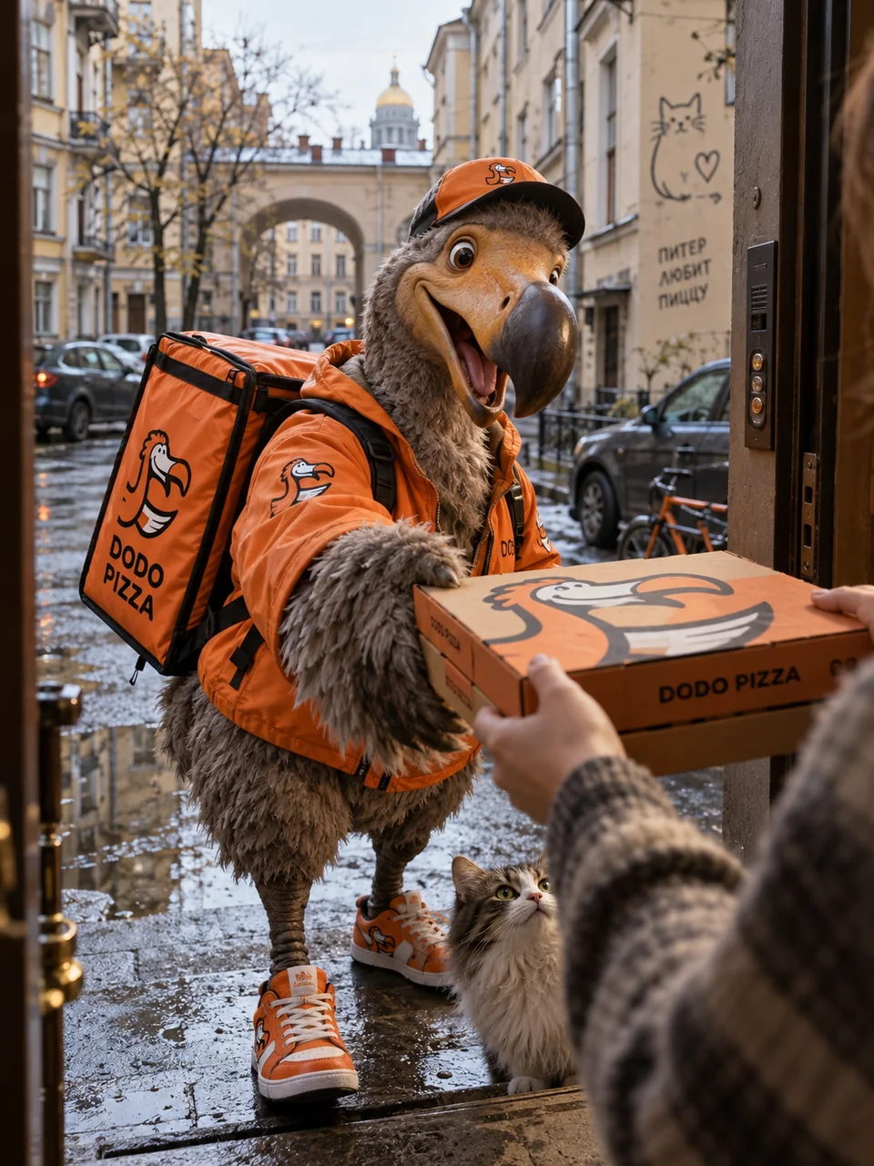 Додо в оранжевой куртке Dodo Pizza передаёт коробки с пиццей в дверях, рядом кот